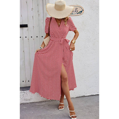 Dot Print Open Front Belt Knot V Neck Dress