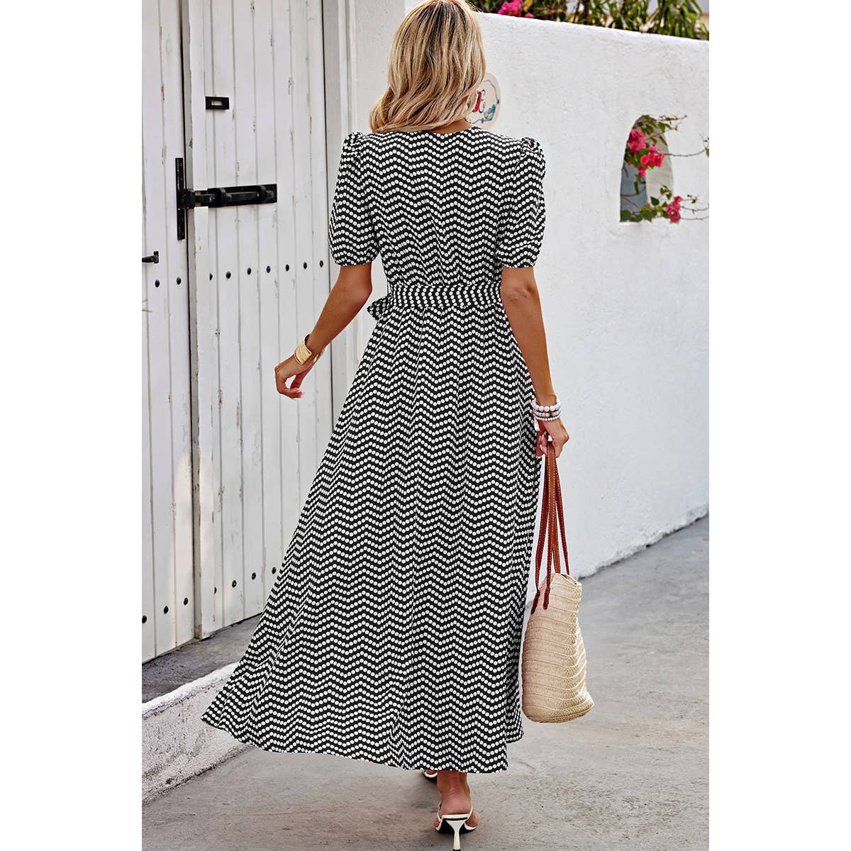 Dot Print Open Front Belt Knot V Neck Dress