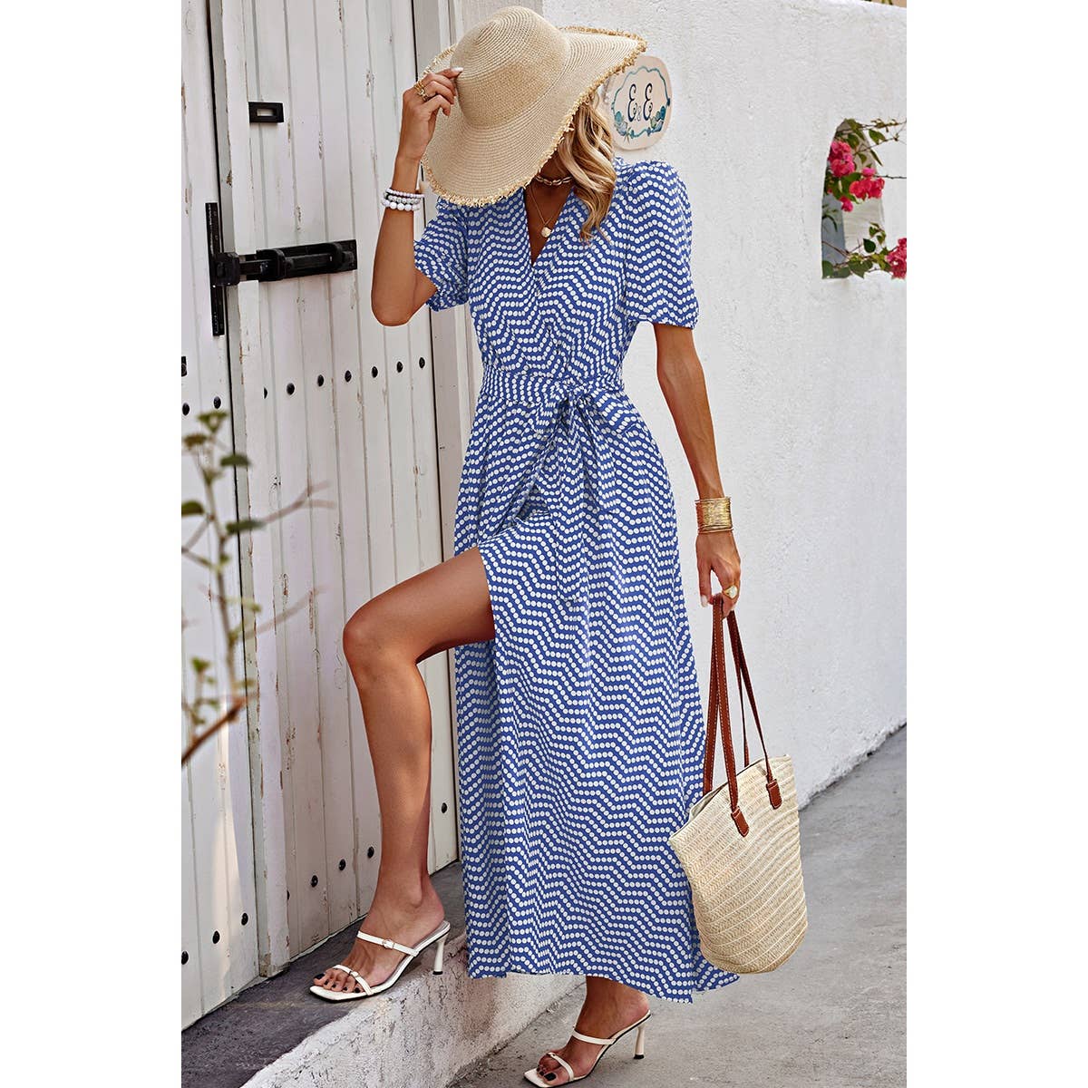 Dot Print Open Front Belt Knot V Neck Dress