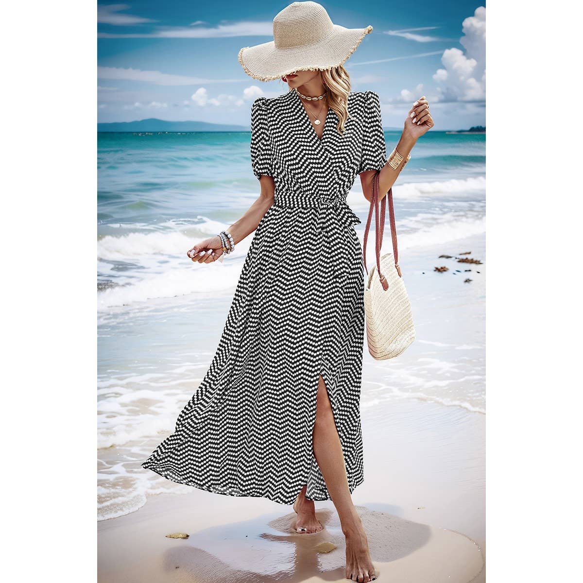 Dot Print Open Front Belt Knot V Neck Dress