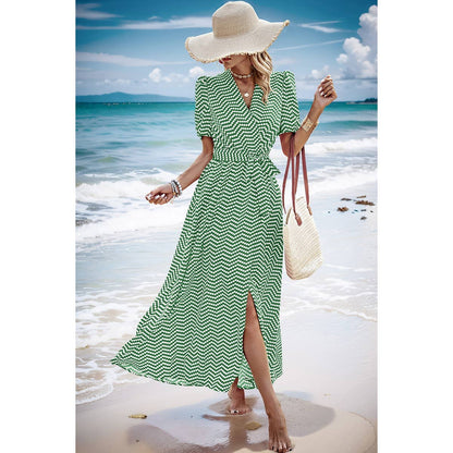 Dot Print Open Front Belt Knot V Neck Dress