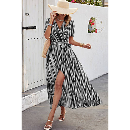 Dot Print Open Front Belt Knot V Neck Dress | Dress - Women's | 2402, Dress, F, LK, maxi dress, new arrival | Elings