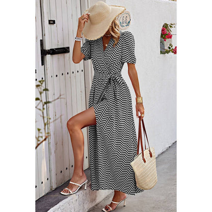 Dot Print Open Front Belt Knot V Neck Dress