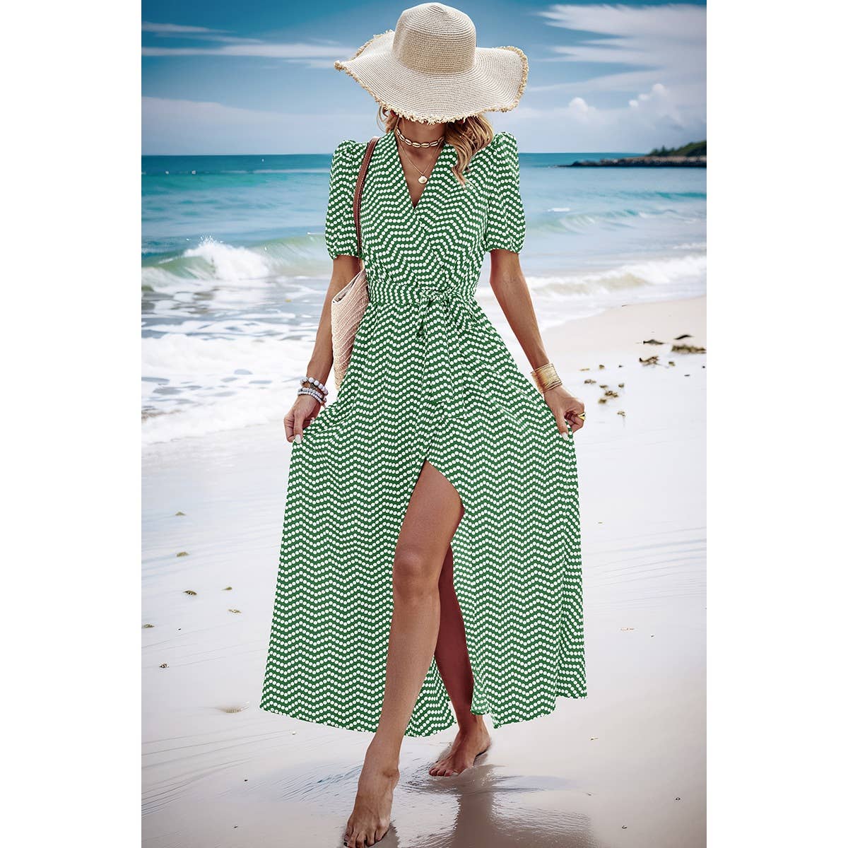 Dot Print Open Front Belt Knot V Neck Dress