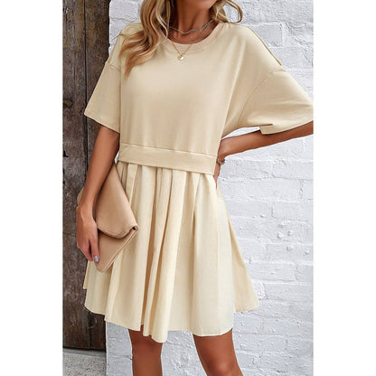 Drop Shoulder Solid Ruched Patchwork Dress