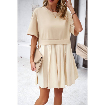 Drop Shoulder Solid Ruched Patchwork Dress