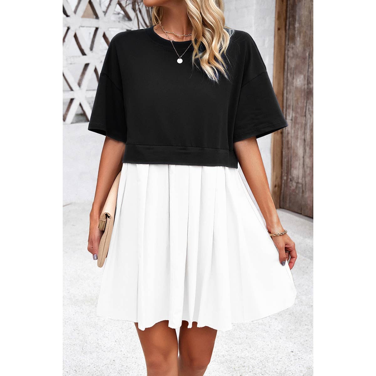 Drop Shoulder Solid Ruched Patchwork Dress