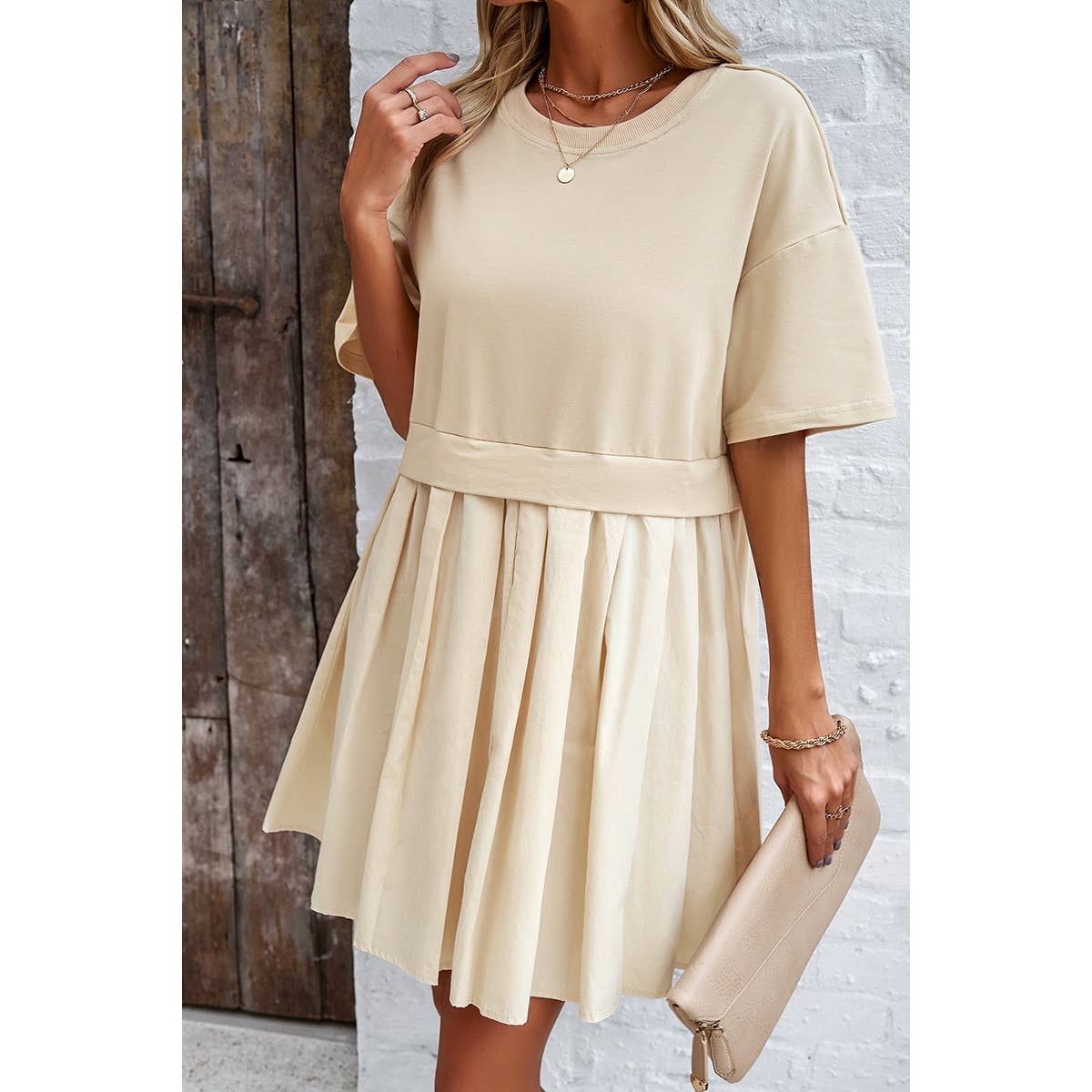 Drop Shoulder Solid Ruched Patchwork Dress