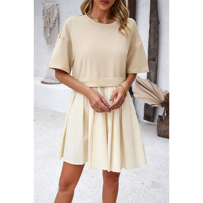 Drop Shoulder Solid Ruched Patchwork Dress