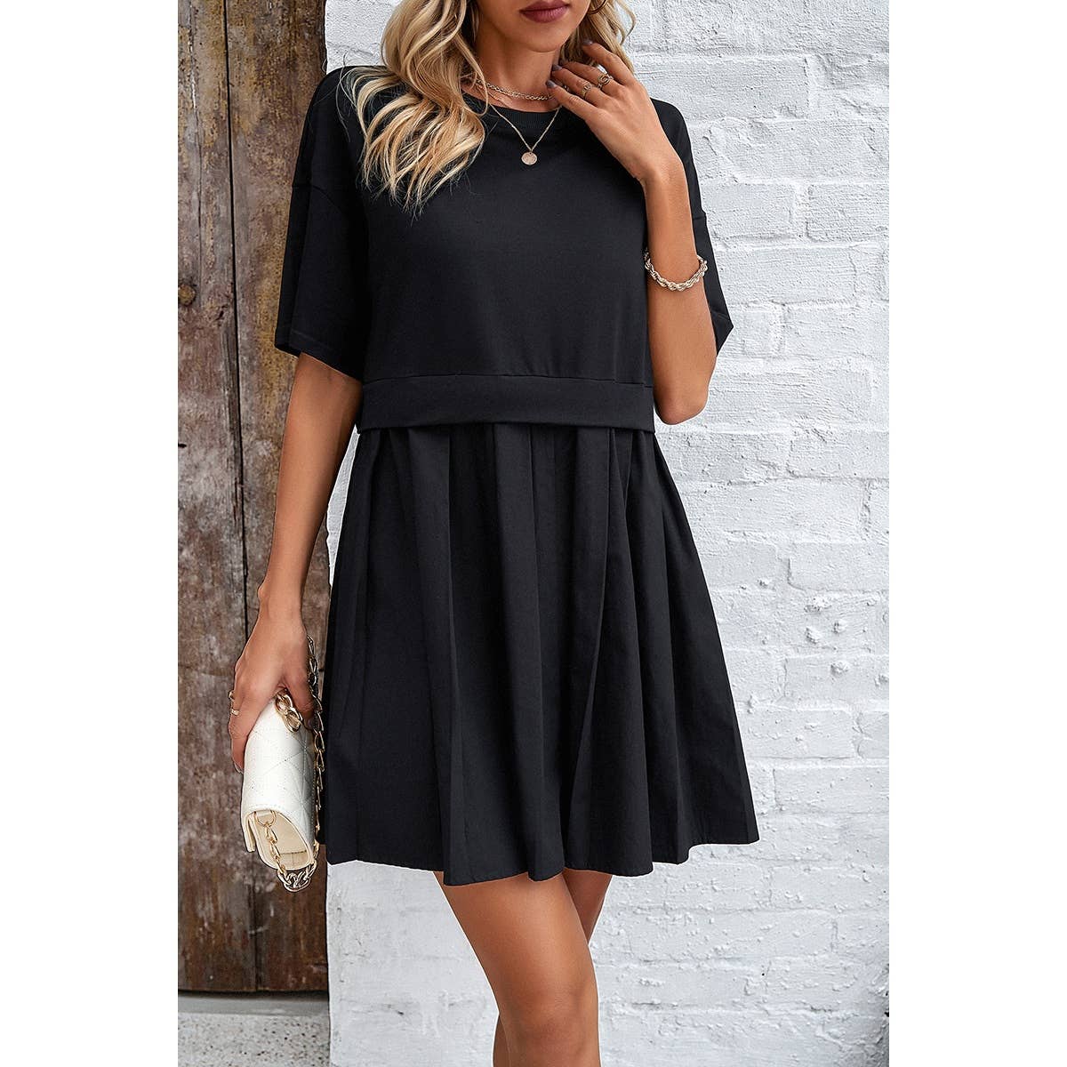 Drop Shoulder Solid Ruched Patchwork Dress