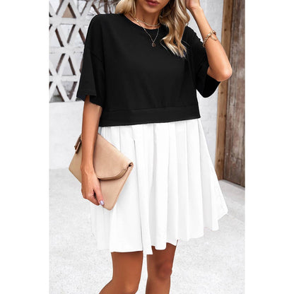 Drop Shoulder Solid Ruched Patchwork Dress