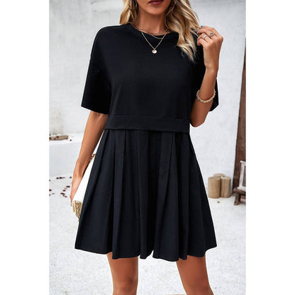 Drop Shoulder Solid Ruched Patchwork Dress