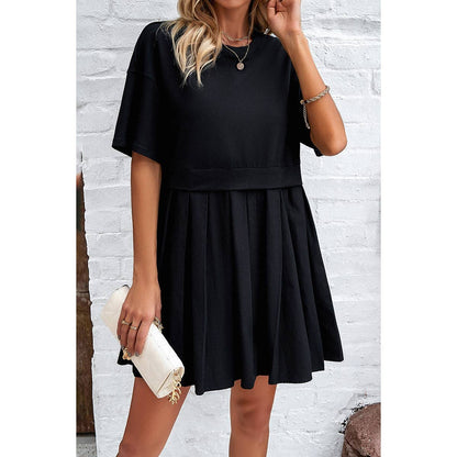 Drop Shoulder Solid Ruched Patchwork Dress