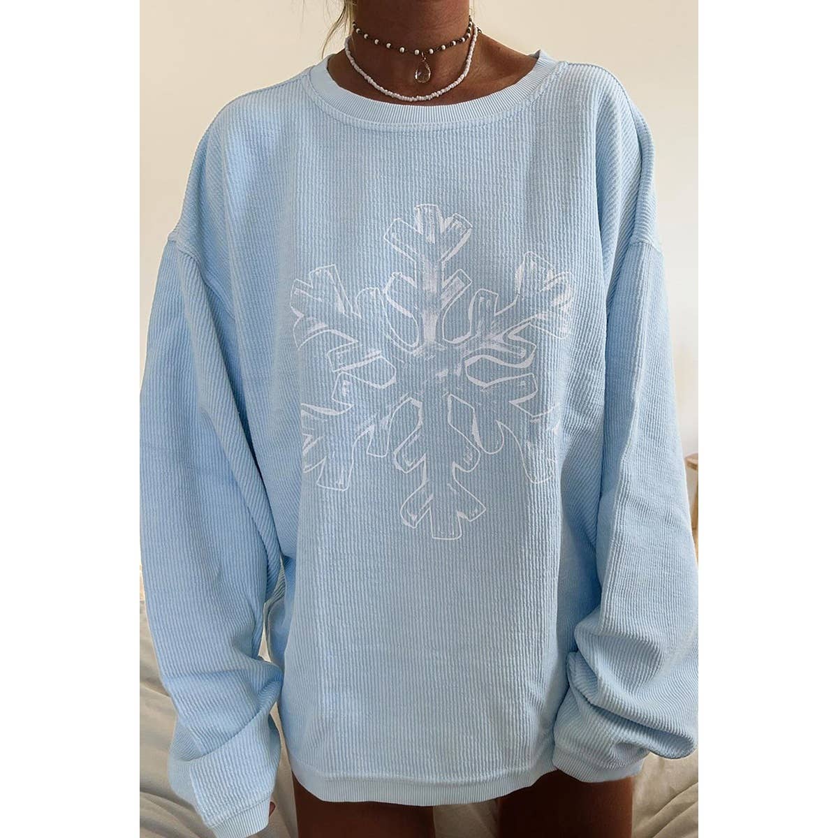 Snowflake Drop Shoulder Round Neck Loose Hoodie