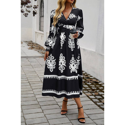 Floral Print V Neck Bell Sleeve Ruche Waist Dress | Dress - Women's | Dress, F, midi dress, new arrival, shoppe247 | Elings