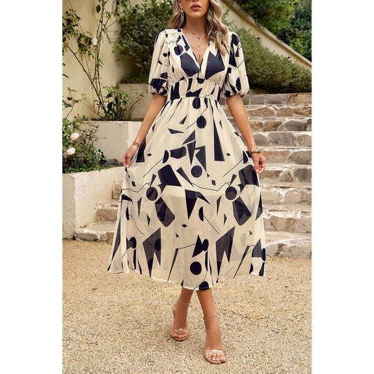 Allover Print Deep V Wide Self Belt Puff Sleeves Lined Dress | Dress - Women's | Dress, LK, midi dress | Elings