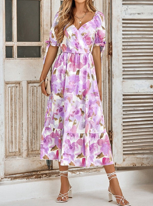 Floral Print V Neck Cross Front Midi Dress | Dress - Women's | 011224, Dress, LK, midi dress, new arrival | Elings