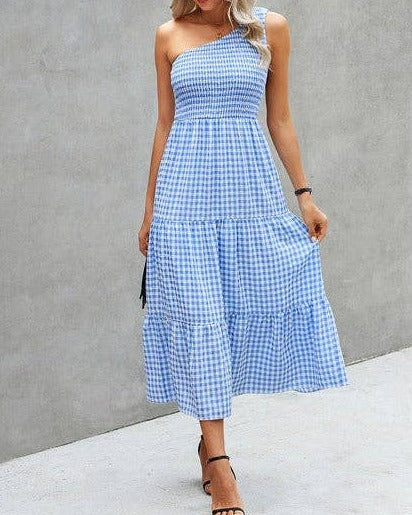 Plaid Ruffled One-Shoulder Maxi Dress | Dress - Women's | Dress, LK, midi dress, plaid | Elings