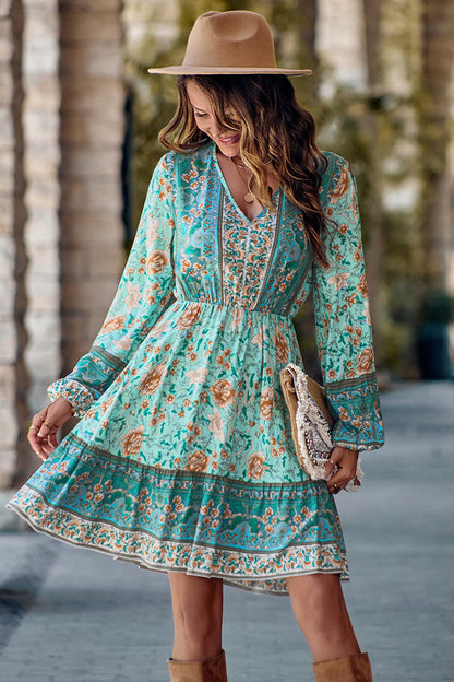 Boho Floral V Neck Ruffled Hem Dress