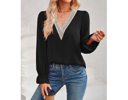 Color Block Deep V Neck Lace Loose Fit Blouse | Blouse - Women's | blouse, long sleeve top, tops | Elings