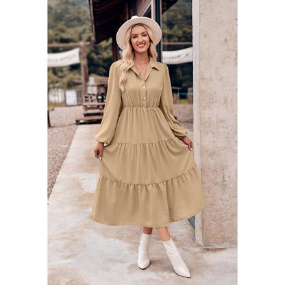 Button Puff Sleeve Ruffle Hem Dress | Dress - Women's | Dress, midi dress | Elings