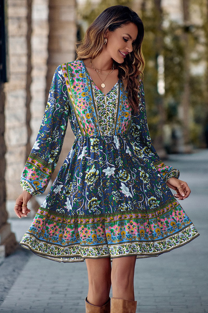 Boho Floral V Neck Ruffled Hem Dress