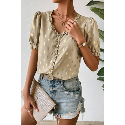 Polka Dot V Neck Loose Fit Puff Sleeve Top | Blouse - Women's | short sleeve top, tops | Elings