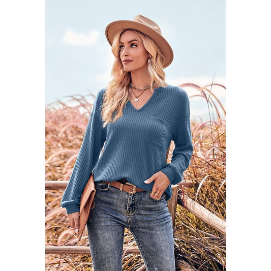 Chic V-Neck Pocket Knit Top | Blouse - Women's | best sellers, blouse, long sleeve top, tops | Elings