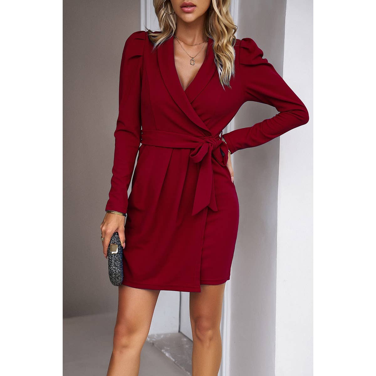 Solid Cross V Neck Belt Fit Wrap Mini Dress | Dress - Women's | above the knee, Dress | Elings