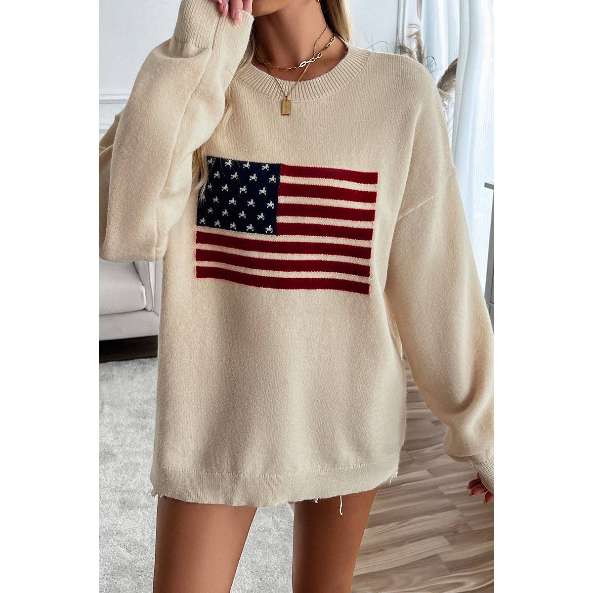 Knit Round Neck Flag Print Loose Fit Sweater