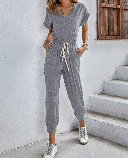 V Neck Short Sleeve Pockets Jumpsuit | Jumpsuit - Women's | 2024, Sale | Elings