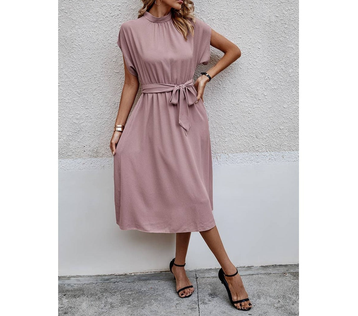 High Neckline Solid Knot Belt Pockets Fit Dress | Dress - Women's | Dress, LK, midi dress | Elings