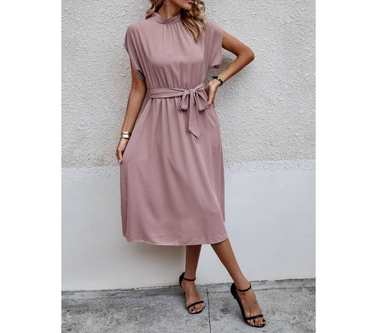 High Neckline Solid Knot Belt Pockets Fit Dress | Dress - Women's | Dress, LK, midi dress | Elings