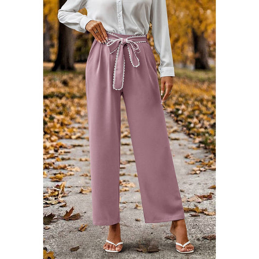 Lace Trim Knot Belt Wide Straight Elastic Waist Pant | Pants - Women's | pant | Elings