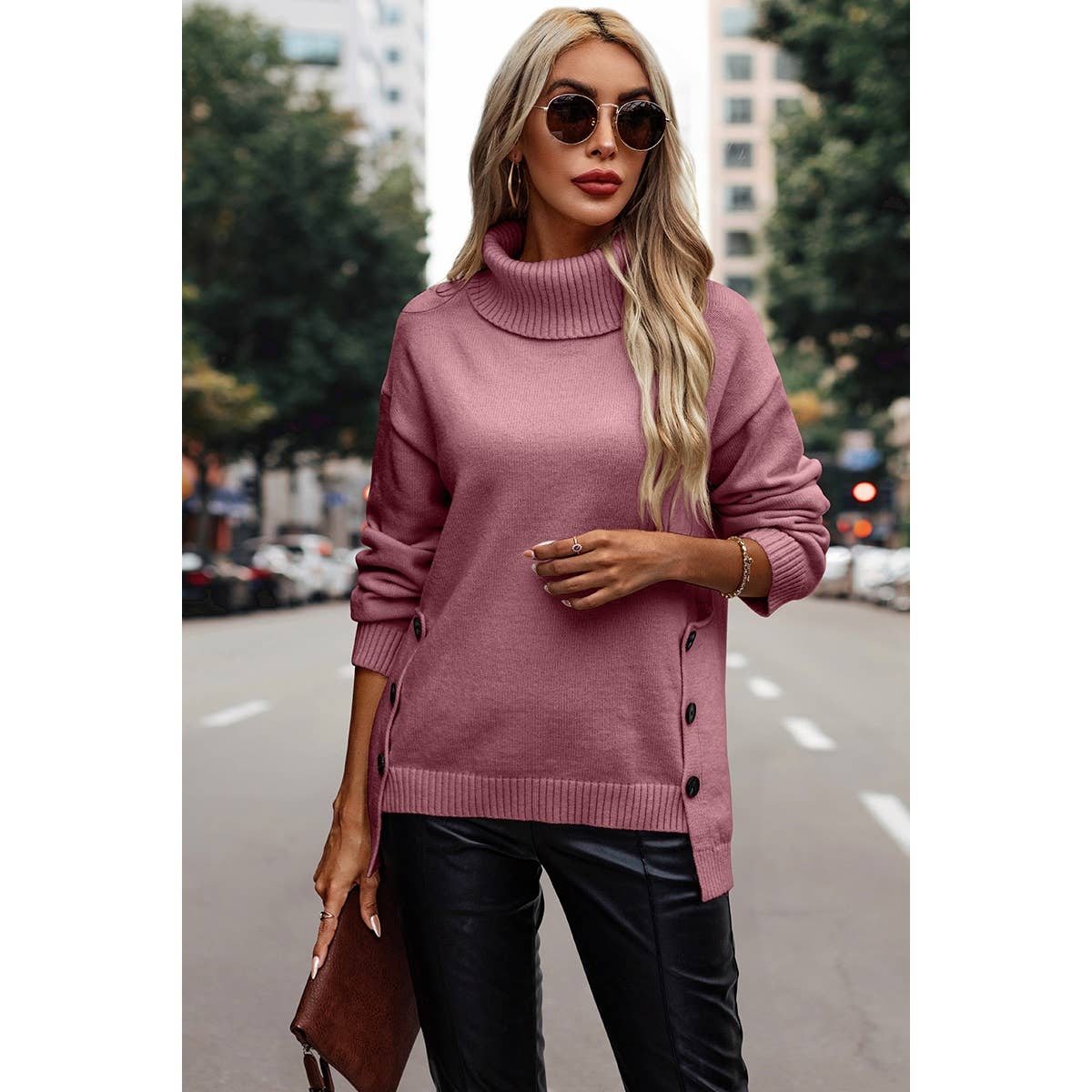 Solid Roll Neck Knit Button Loose Sweater | Sweatshirt - Women's | SWEATER, Sweatshirt | Elings