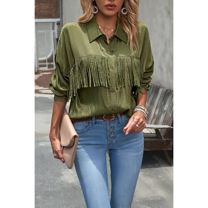 Solid Button Front Open Tassel Fit Blouse | Blouse - Women's | long sleeve top | Elings