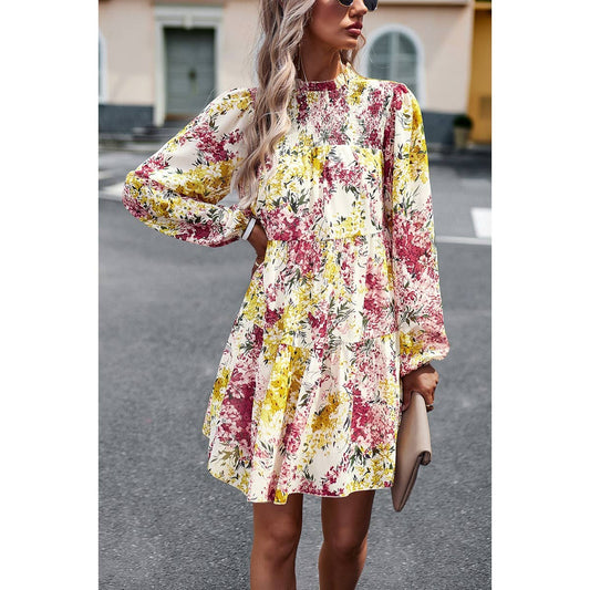 Floral High Neck Stretch Ruffle Dress | Dress - Women's | above the knee, Dress, LK | Elings