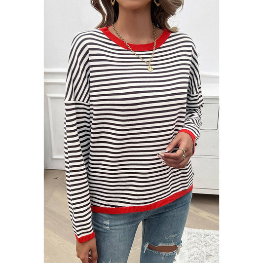 Strip Round Neck Drop Shoulder Loose Sweater | Knit Sweater - Women's | F, Long Sleeve, long sleeve top, new arrival, shoppe247, Sweaters | Elings