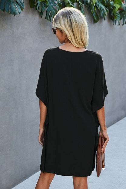 Vneck Dolman Sleeves Pleat Front Shift Dress