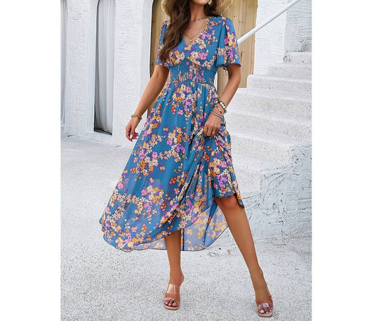 Floral Smocked High Waist Midi Dress | Dress - Women's | 011624, Dress, F, LK, midi dress, new arrival | Elings