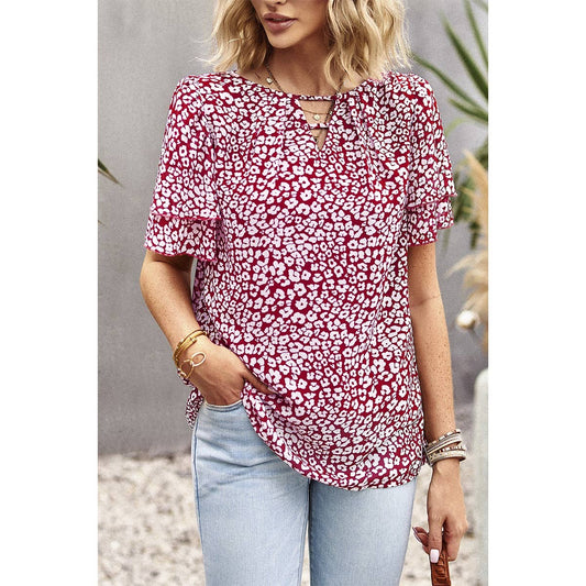 Leopard Print Cut Out Ruffle Sleeve Loose Fit Top | Shirt - Women's | 523 | Elings