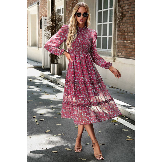 Floral Smocked Flounce Sleeve Ruffle Midi Dress | Dress - Women's | Elings