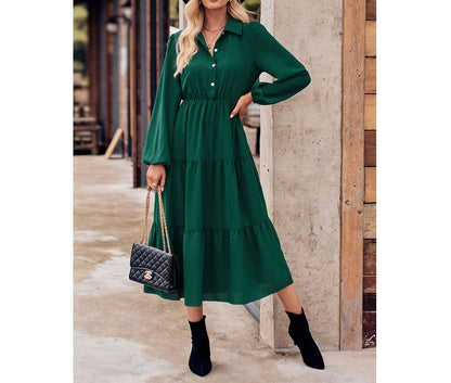 Button Puff Sleeve Ruffle Hem Dress | Dress - Women's | Dress, midi dress | Elings