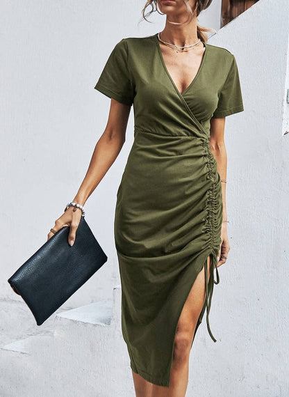 Elegant V-Neck Ruched Midi Dress | Dress - Women's | 2023, bodycon, Dress, LK, midi dress, New Arrivals | Elings