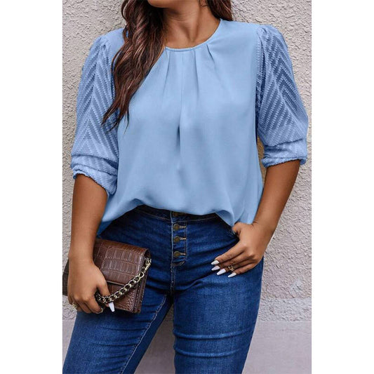 Plus Size Ruched Color Block Round Neck Blouse | Blouse - Women's | F, new arrival, plus, Plus tops | Elings