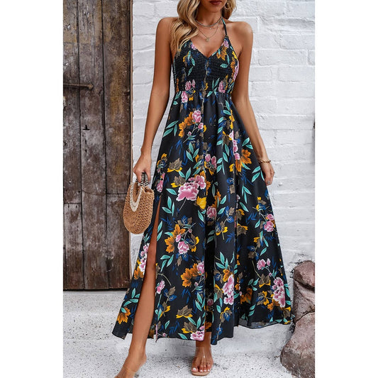 Floral Back Knot Sleeveless Ruched Side Open Dress | Dress - Women's | Dress, F, FEB 2024, floral, LK, maxi dress, new arrival | Elings