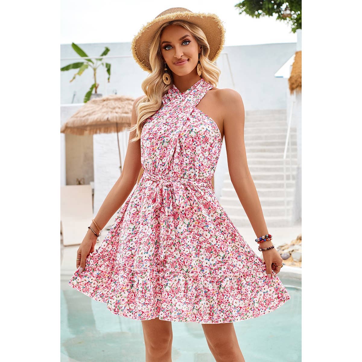 Floral Halter Cross Belt Ruffle Midi Dress