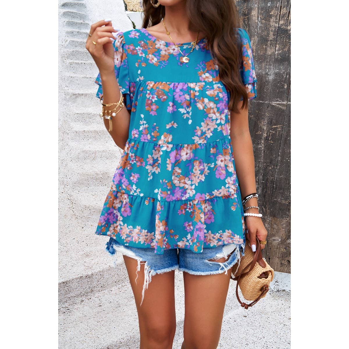 Floral Lined Ruffle Sleeves Round Neck Loose Top - Elings