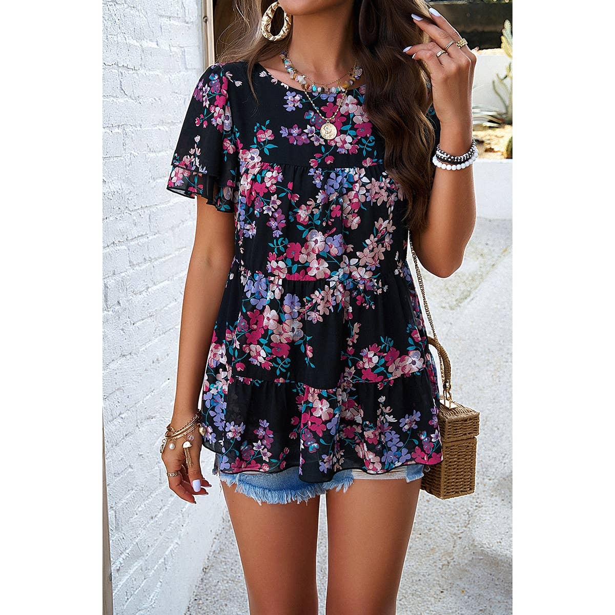 Floral Lined Ruffle Sleeves Round Neck Loose Top - Elings