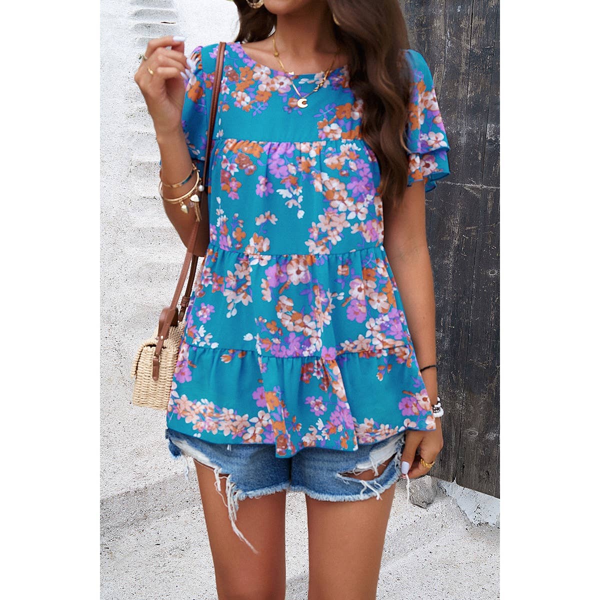 Floral Lined Ruffle Sleeves Round Neck Loose Top - Elings